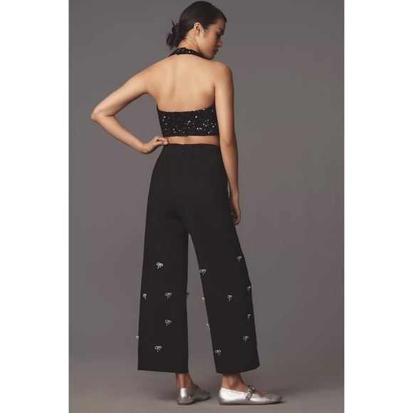 NWT Anthropologie The Colette Cropped Wide Leg Pants Maeve Bow Sequin Black - Picture 5 of 17